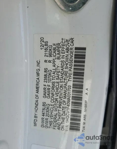 2021 Honda Accord Sport Se из США, поврежденный, VIN 1HGCV1F40MA031703